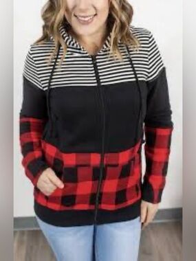 Michelle Mae Buffalo Plaid Full Zip Color-block Hoodie SzS